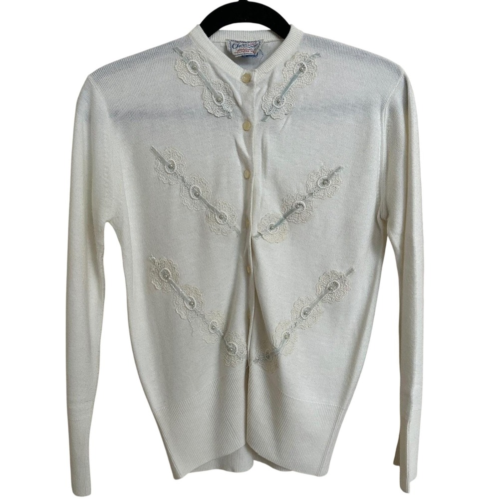 Vintage 50s Cheralaine White Cream Lace Faux Pearl Beaded Cardigan Sweater